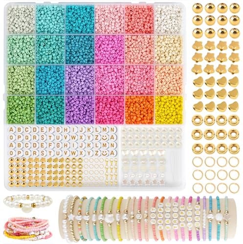 3mm Perlen für Armbänder,Perlen Zum Auffädeln mit Buchstabenperlen und Smiley,Bunte Glasperln Selber Machen Set für Armbänder Ketten Ringe,Glasperlen Kit für Kinder,DIY Bracelet Making