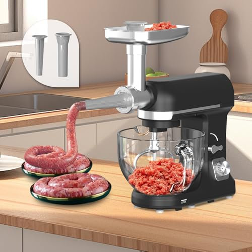 Stand Mixer with Meat Grinder, Food Mixers, 5.5L Sausage Maker Meats Mincer, Food Grinding Mincing Machine, 6 Speeds Pulse Function, 10 Accessories, Hook, Whisk, Beater, Blender, Mincer, Sausage Maker