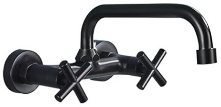 SdaryWare Rubinetto per lavello da Cucina Industriale, Montaggio a Parete, in Ottone Nero, Girevole a 360°, con 2 Maniglie, Miscelatore per Acqua Calda e Fredda, 24 cm.,One Color-24CM.