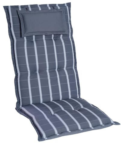 Homeoutfit24 Gartenstuhlauflagen Hochlehner – 6er Set – Komfort-Polster 6,5 cm – Kopfstütze integriert – Oeko-TEX Zertifiziert – pflegeleicht – Grau-Kariert – Made in EU