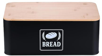 Relaxdays bread box, bamboo lid, metal, HxWxD: 13.5 x 33 x 19 cm, retro bread storage, bread container, black | H x W x D: 13.5 x 33 x 19 cm, retro bread storage box, bread container