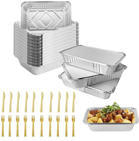 SJDOFU Aluminium Foil Trays Containers for Baking Roasting Food Prepping | 10 Pack 2200ML Disposable Aluminum Foil Tray and Wooden Disposable Cutlery(31.5x20.5x5cm)