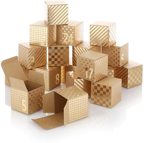 Nordstern Adventskalender Boxen zum Befüllen - 24 Goldene Geschenkboxen Schachteln und Zahlen Aufkleber - DIY Weihnachtskalender für Kinder, Frau und Mann