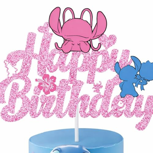 Sparkly Pink Glitter “Happy Birthday” Cake Topper – Lilo and Her Blue Friend Inspired Design – Girls Birthday Party Decoration
