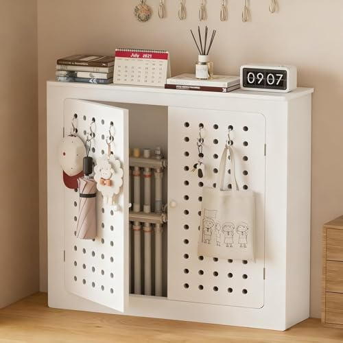 Heizungsverkleidung Holz Heizungsabdeckung Weiß Moderne Heizkörperverkleidung im Lochwand-Stil mit Doppeltür Kühlergrill Atmungsaktiv Heizschrank-Lagerregal(39.4 Wx35.4 Hx9.8/100x90x25cm)