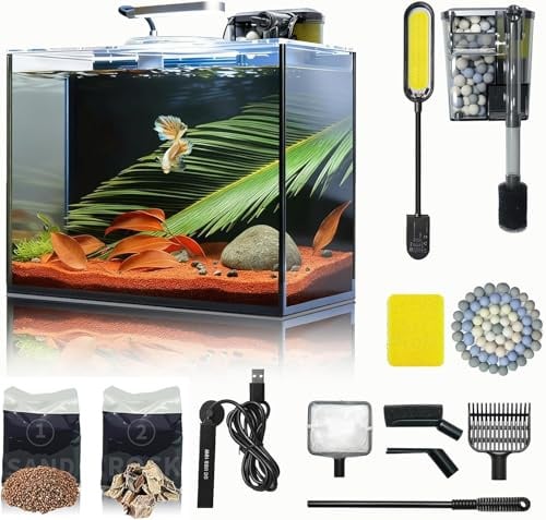 Aquarium Desktop-Set 10L Kleines Fischbecken 30x15x22, Ultra-Klares Glas mit Selbstreinigungsfilter, Helles Licht, Heizung, Steine,Kies, Reinigungswerkzeug, Randloses Fischglas für Anfänger Starterkit