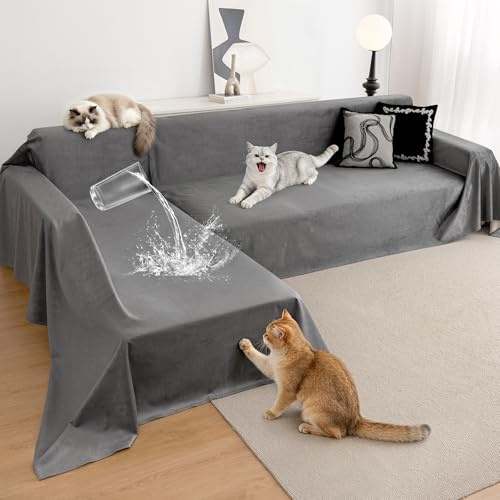 Loiion L-Form Sofaschutz Katze, Ecksofa-Überwurf Kratzschutz, Dunkelgrau | Wasserdichter Sofabezug 2-teilig für Haustiere, Weicher Rutschfester L-Sofa und Ecksofa Schutz, 180x300+180x300cm