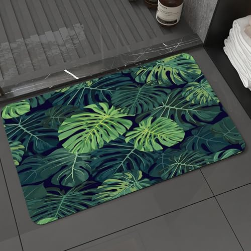 DALEXHM Badteppich rutschfeste,weicher Badezimmerteppich Wasserabsorbierend Badematte Badvorleger für Dusche,Tropische Pflanzen Grüne Monstera Abstraktes bizarres Muster,60x100cm