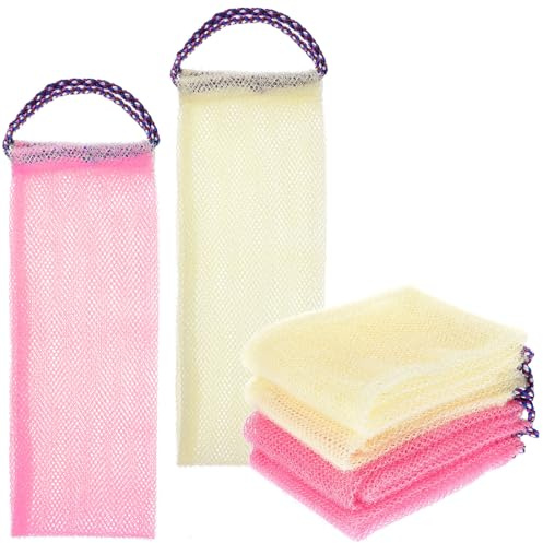 TOVINANNA Lot de 4 Lingettes Exfoliantes Corps en Nylon, Serviettes de Bain 14x75 Cm, Gommage Doux, 2 Rose Clair Cordon 2 Beige, Soin du Dos
