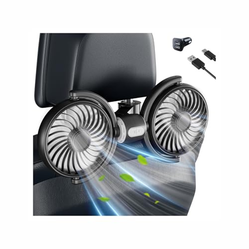 Ventilatore Auto Doppia Testa con Caricatore da Auto,USB Ventilatore per Auto Portatile 12V,3 Velocità, 360° Ruotabile,Supporto Posteriore per Auto,Comando separato per Bambini/Cani/Berlina/SUV/RV