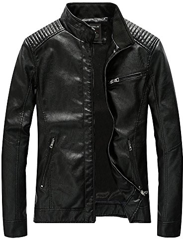 PengGeng Herren Lange Ärmel Reißverschluss Lederjacke Bikerjacke Mit Stehkragen Wärme Mantel Schwarz 1 S