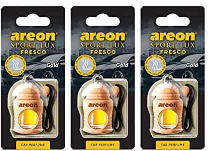 AREON Fresco Auto Parfüm Sport Lux Gold Autoduft Hängend Flasche Glas Duftflakon Parfüm Flakon Holz Lufterfrischer Set Aufhängen Anhänger Spiegel Schwarz 4ml 3D (Pack x 3)