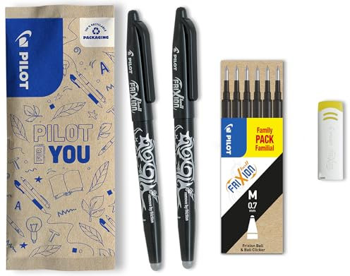 PILOT FriXion Ball 0.7 Set – 2 Stifte, 6 Minen, 1 Radierer – Schwarz – Radierbare Tintenroller 0,4mm Strichstärke, angenehme Schreibführung beim Schreiben, thermosensitive Tinte, austauschbare Mine