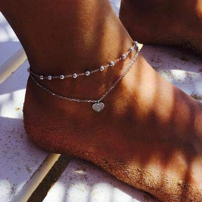 Jovono Multicouche Perles Cristal Cheville Argent Cheville Bracelets De Mode Plage Pied Bijoux Pour Femmes Et Filles (Coeur 2)