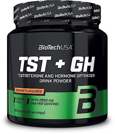 BioTechUSA TST + GH | Bebida potenciadora de testosterona y hormonas en polvo | 2.850 mg DAA | Aminoácidos, vitaminas, minerales | Sin azúcar, lactosa ni gluten | 300g | Naranja
