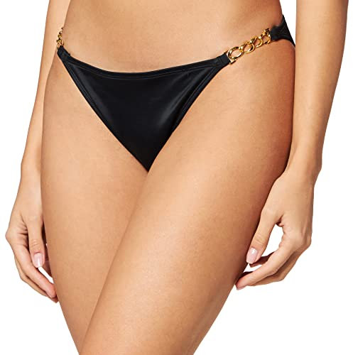 DORINA FILAO Bas de Bikini Tanga avec Détail Chaîne Dorée, Tissu Micro Lisse, Coupe Tanga Flattante, Design Luxueux, Noir