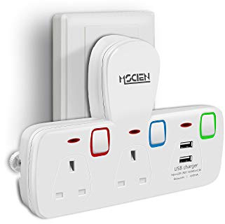 Double Plug Adapter UK with 2 USB, Double Plug Sockets Adaptor with Individual Switches, White 2 Way plug extension socket for Home, Office, Kitchen