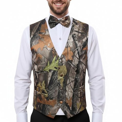 CYStailor Mens 5 Button Vests Outerwear Camouflage Color (Vest+Bowtie) Size 34R