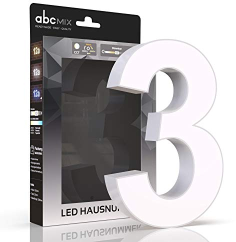 abcMIX LED Hausnummer, personalisierbare beleuchtete Hausnummer, Hausnummernleuchte mit LED - Hausnummer 3, Farbe WEIß, Lichtfarbeneinstellung, Dimmbarkeit