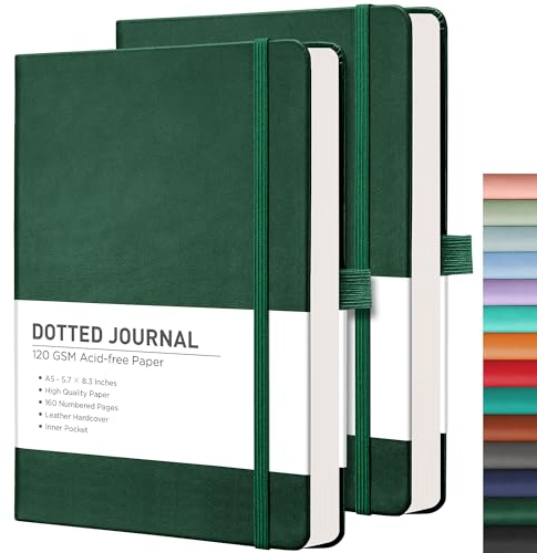 RETTACY Bullet Dotted Journal 2 Pack – A5 Dotted Grid Journal Notizbuch mit 160 nummerierten Seiten pro Packung, 120 g/m² säurefreies Papier, Leder-Hardcover, Innentasche, 14 x 21 cm (Grün und Grün)