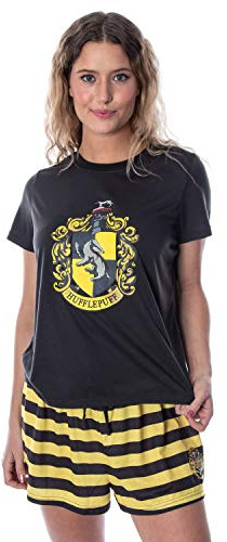 Harry Potter Pyjama-Set für Damen, Hogwarts Castle, Hemd und Shorts, Lounge-Nachtwäsche, Pyjama-Set, alle 4 Häuser erhältlich, Hufflepuff, XS