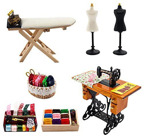 1 :12 Scale Miniature Sewing House Scene Model Accessories Simulation Vintage Sewing Machine, Sewing Box, Ironing Board