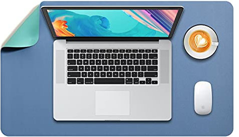 DOBAOJIA Tapis de Souris Grand, sous Main Bureau L, Mouse Pad Mat Prolongé, Tapis de Portable, Tableau d'Écriture, Buvard de Bureau, Double Face Usage en Cuir PU Étanche, 60 x 35cm Bleu Acier/Vert