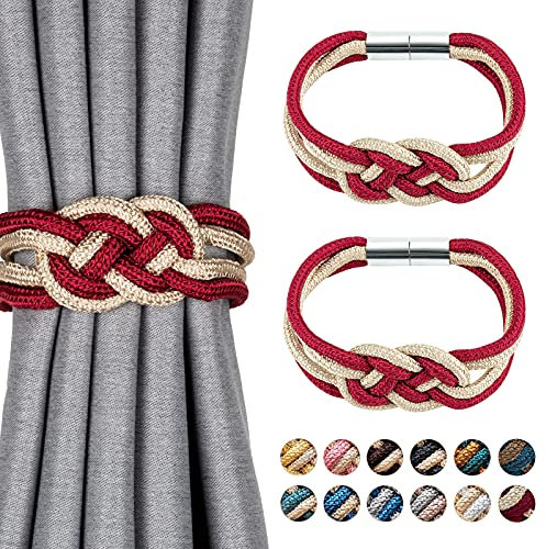 Pretty Jolly Lot de 2 embrasses de Rideaux magnétiques de Style Nordique embrasses décoratives en Corde tissée pour Rideaux de fenêtre de Maison et de Bureau (Rouge vin et Beige)