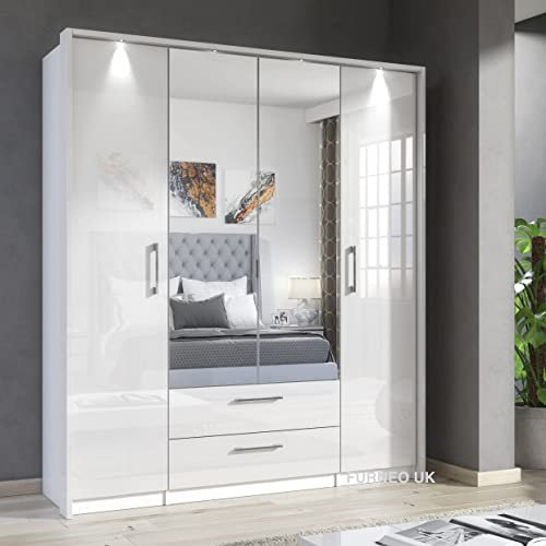 Furneo White Mirrored Wardrobe High Gloss Matt Modern 4-Door 2-Drawer Bedroom Storage With LED Lights Infinity
