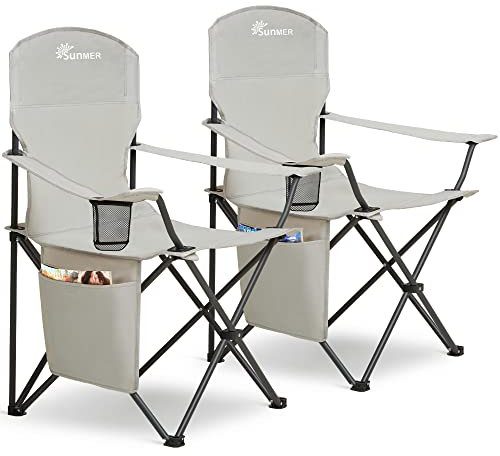 SUNMER Set of 2 Folding Camping Chairs, Extra-Wide Lightweight Outdoor Chairs with Armrests, Cup Holder and a Side Pocket, 120kg Capacity per Chair - Grey