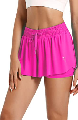 Yknktstc Short de course 2 en 1 pour femme - Pour gym, yoga, entraînement, motard, salon, 02 - Rose rouge fluo, Taille XL