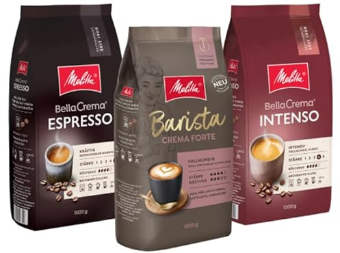 Melitta Probierpaket Unsere Kräftigen BellaCrema Espresso Intenso Barista Crema Forte Ganze Kaffee-Bohnen 3 x 1kg, ungemahlen, Kaffeebohnen für Kaffee-Vollautomat, geröstet in Deutschland