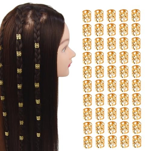 50 Pcs Dreadlocks Beads Hair Braid Rings Metal Cuffs Aluminum Dread Locks for Women Hair Clips Accessories (Gold)