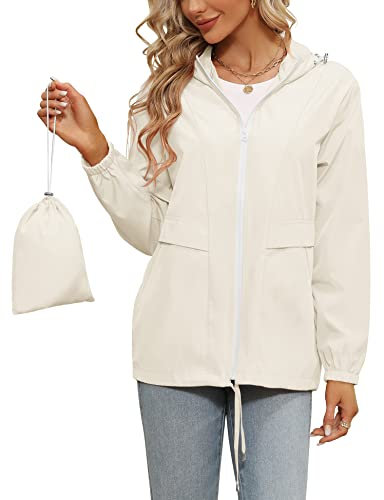Tisfeer Vêtement de pluie étanche, léger et coupe-vent à capuche pour femme, beige, L