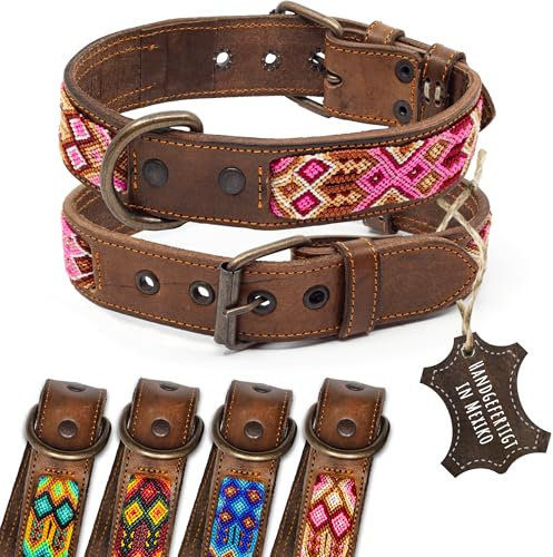 ALTEZAR Lederhalsband Hund - Doppelt Tribal Bestickt Rosa Weiß Pink Braun - Hochwertiges Hundehalsband Leder - Handgemacht in Mexiko - Größe M - Halsband Hund für mittel-große Hunde Leder breit