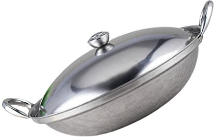 Housoutil Stainless Steel Wok 1 Set Cover Stove Pan with Lid Korean Noodle Ramen Pot Cooking Supplies Stainless Steel Seafood Silver Cooking Supplies Small Wok