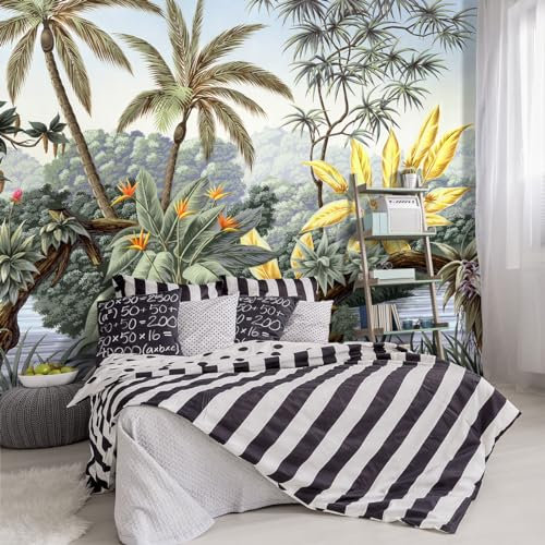 YIHWM -Tropical Botanical Palm Leaf Fabric Wallpaper Living Room Bedroom Bathroom Rainforest Plant Jungle Large Wall Mural- 137x96（ not Peel and Stick）