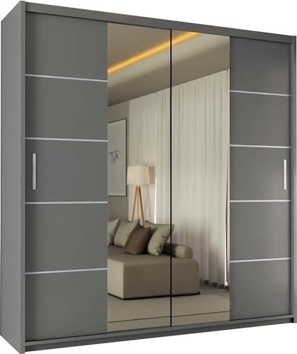 SLIDING WARDROBE 4U Winnipeg Double Door Sliding Mirror Wardrobe with Adjustable Shelves and Hanging Rails (Grey, 180cm)