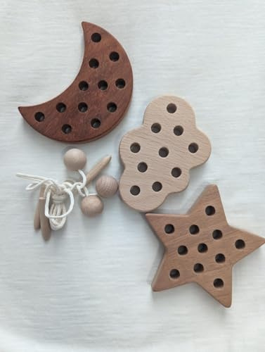 FlameFlash 3 Pack Wooden Lacing Threading Toys for Toddlers 1-3 Solid Wood Threading Activity Puzzles, Moon/Stars/Cloud Quiet Toddler Toys for Airplane Travel Fine Motor Skills Sensory Toys