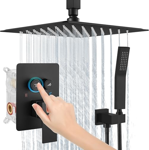 Aolemi Deckenhalterung Duschsystem Regendusche Duschkopf mit Handbrause Duscharmatur Set Rough-in Valve Shower Trim Included Bathroom Push Button Umsteller Mattschwarz 30.5 cm Deckenbrause