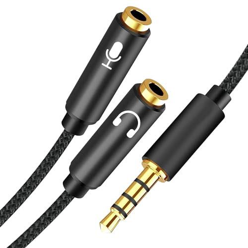 Headphone Mic Splitter 3.5mm Jack Audio Mic Braided Adapter Aux Male to 2 Female PC Headset Microphone Cable Compatible with Gaming Headset, Speaker, Desktop, Laptop, Xbox, PS5 PS4 Controller