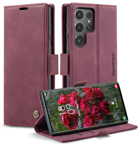 KZB Handyhülle für Samsung Galaxy S24 Ultra 5G Hülle Premium Lederhülle Klappbar Flip Case Tasche Magnet Kartenfach Standfunktion Klapphülle Schutzhülle für Samsung Galaxy S24 Ultra 6,8'' - Weinrot
