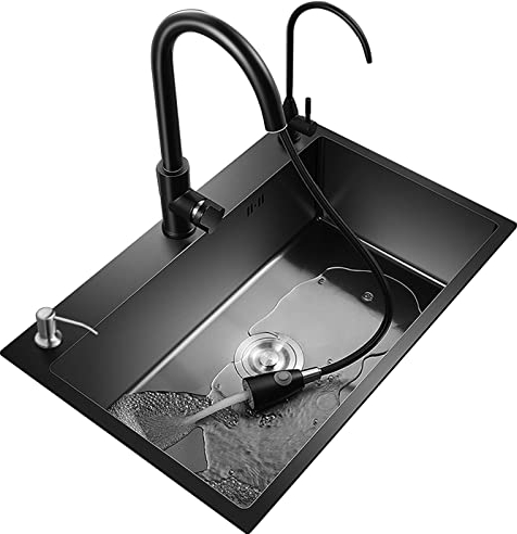 ATHUAH Fregadero de Cocina Negro Fregadero de un Seno con Grifo Fregadero de Restaurante con Lavavajillas Accesorios Completos (Color: Negro, Tamaño: 72X45X20cm(A))