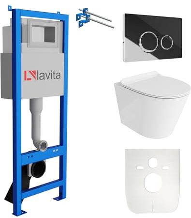Lavita LAV 101 Vorwandelement für WC 40cm + Wand Hänge Tiefspül WC GALVE Weiß Spülrandlos + Bedienplatte LAV 200.4.2 Verchromt + WC Sitz mit Absenkautomati Komplettset Unterputz Spülkasten WC