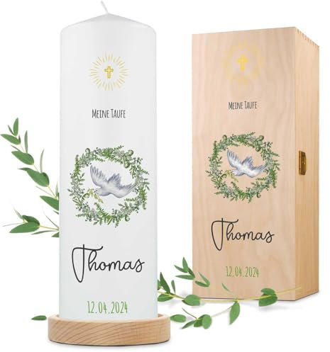 GRAVURZEILE Bedruckte Kerze - Taufkerze Kranz - brilliant bedruckte Kerze zur Taufe - Personalisiertes Taufgeschenk für Mädchen & Jungen - Hochwertige Stumpenkerze 250/80 mm - Taube