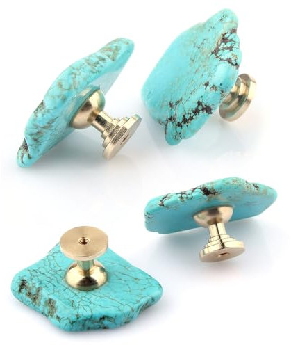 TentHome 4 Stück Knöpfe natürliche Türkis Stein Möbelknöpfe Kürbisgriffe Kommodenknöpfe Schubladenknöpfe Set Moebelknauf Messing knäufe für Kommode Garderobe Schränke Schubladen Griffe Oval Grün
