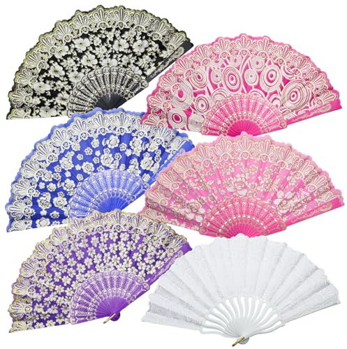 HOMEJOY 6 Stück Frauenfächer aus Plastik Farbe Tuch Faltfächer Chinesischer Vintage Fächer Hochzeitsfächer Tanzfächer für Geburtstag Hochzeit Party Kindergeburtstag Foto Requisiten