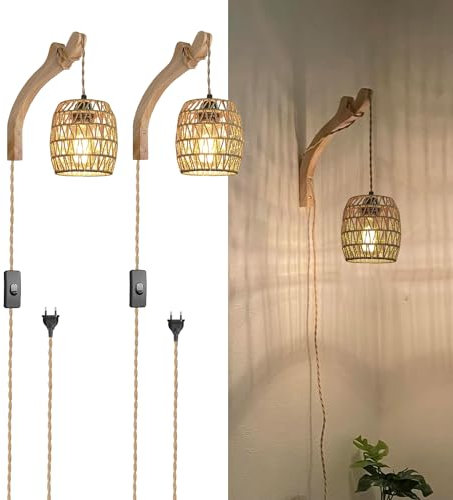 YIKEGE LICHT 2x Wandleuchte mit Stecker Schalter Boho Rattan Lampenschirm Innen 9,87Ft Kabel E27 Holz Wandlampe mit Kabel für Steckdose Flurlampe Wandstrahler Kinderzimmer Schlafzimmer Treppenhaus