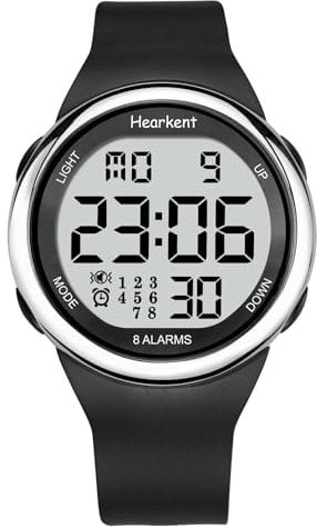 Hearkent Seniorenuhr, 8 Wecker, 8 Vibrationen, Stoppuhr, Timer, EL-Hintergrundbeleuchtung, 50 m wasserdicht, 12/24-Stunden-Format, genaue Zeitanzeige, IT-2105-8A, silber / schwarz, Modern