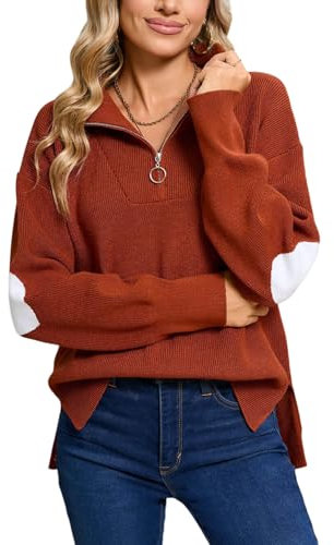 Alsol Lamesa Women’s Half Zip Collar Pullover Long Sleeve Sweater Side Split Knit Sweaters for Women, 810 Zip Caramel, S
